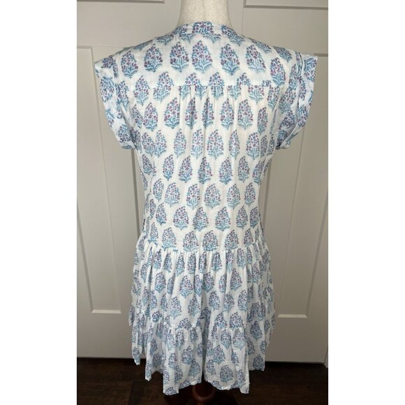 Oliphant Tuckernuck Gauze Cotton Block Print Dress L Blue Pink Tiered Above Knee - Picture 5 of 9
